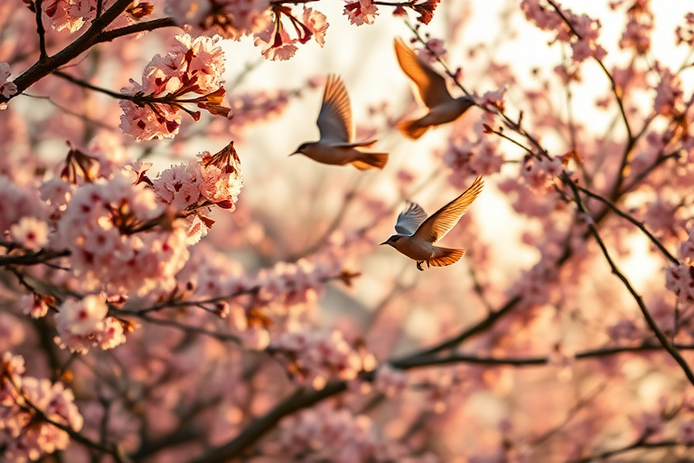 capture a close-up shot of birds flying among cherry blossom trees during golden hour with a shallow depth of field, using a Canon EOS R5, 85mm lens, aperture f/1.8, ISO 200, shutter speed 1/1000s, natural light for enhanced color vibrancy and detail
