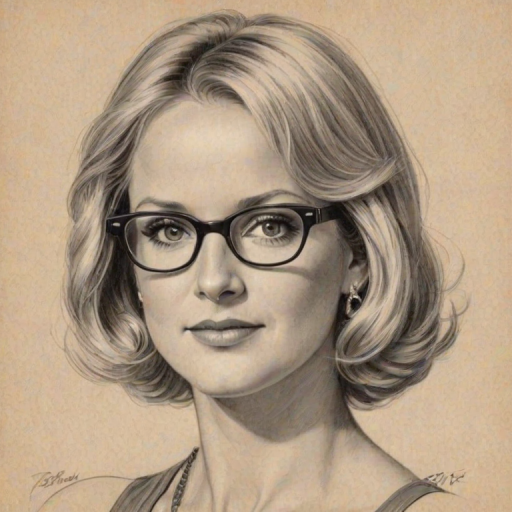 Captivating Bonnie Hunt, pencil sketch, portrait of Alluring woman 1934s in glasses, hair style beatnik, outline, clear lines, fine lines, 8k