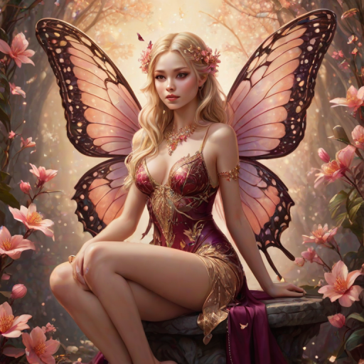A digital artwork features a winged fairy with delicate Salmon butterfly wings, adorned with intricate Beige andMahogany patterns. She is seated on a vibrant Plum flower, wearing a revealing red two-piece outfit with sparkling beadwork. Her fair skin, long blonde hair, and gold jewelry add to her ethereal appearance. The background is a warm, golden gradient, creating a magical atmosphere. Small glowing orbs and sparkles surround the flower, enhancing the enchanting, highly detailed, and realistic scene.