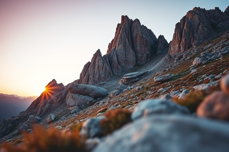 Create a high-resolution image of a rugged mountain landscape with a prominent rock formation, captured at sunrise using a DSLR camera with a 24mm lens, aperture set to f/8, ISO 100, and a shutter speed of 1/200 sec, from a low angle perspective to emphasize the foreground and depth of field.