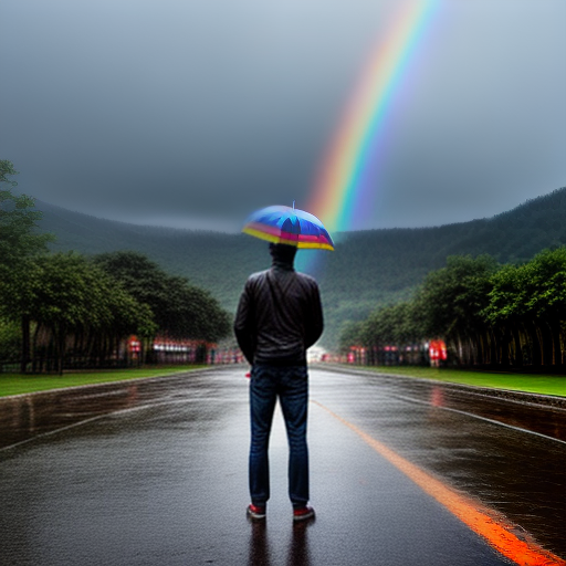 a man in raining with background rainbow