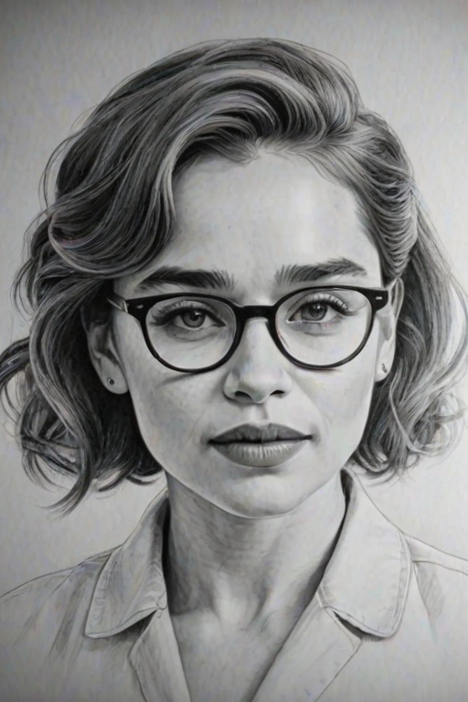 Splendid Emilia Clarke, pencil sketch, portrait of Graceful woman 1953s in glasses, hair style beatnik, outline, clear lines, fine lines, 8k