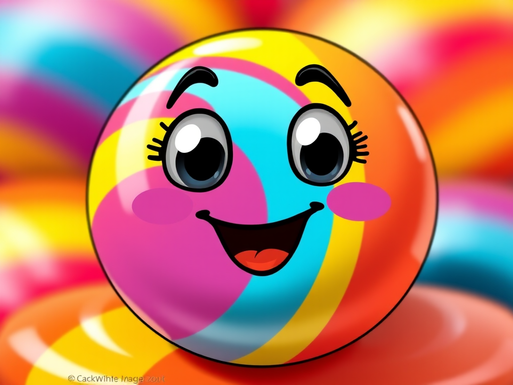 Create a vibrant cartoon-style illustration of a colorful, smiling candy with rainbow stripes and playful eyes, captured with a DSLR camera at f/2.8 aperture, 50mm lens, ISO 100, shot from a frontal view with a shallow depth of field to enhance brightness and focus.
