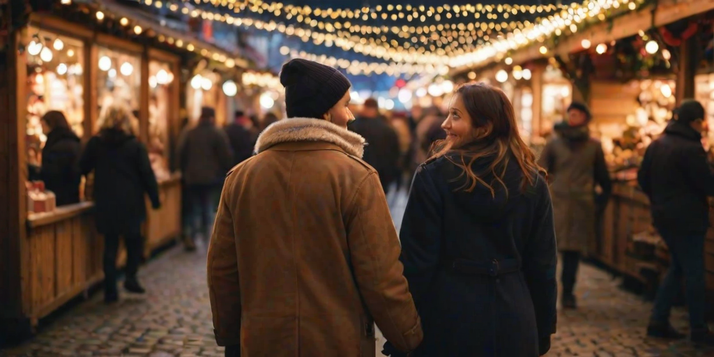 Blurry, candid shot of a couple walking hand-in-hand through a crowded Christmas market, soft glow from string lights illuminating their faces, the smell of roasted chestnuts and mulled wine in the air, and the feeling of holiday joy.