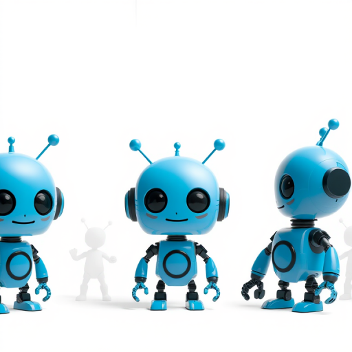 Create a series of cute, cartoon-style blue robots with varying facial expressions, set against a simple white background, using a Canon EOS R5 camera with 50mm f/1.2 lens, ISO 100, aperture f/2.8, and a soft diffused lighting setup for enhanced image quality.