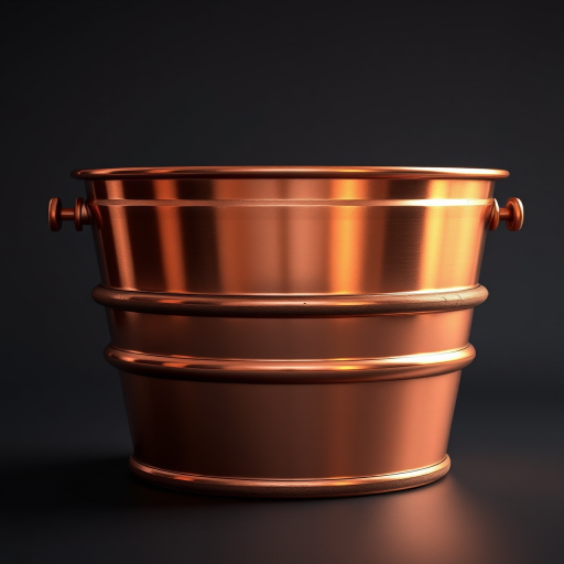 Generate a high-quality 3D rendering of a copper bucket with wood bands, featuring realistic lighting and reflections, captured with a Canon EOS R5, 24mm lens, f/2.8 aperture, ISO 100, in a studio setting with softbox lighting for even illumination.