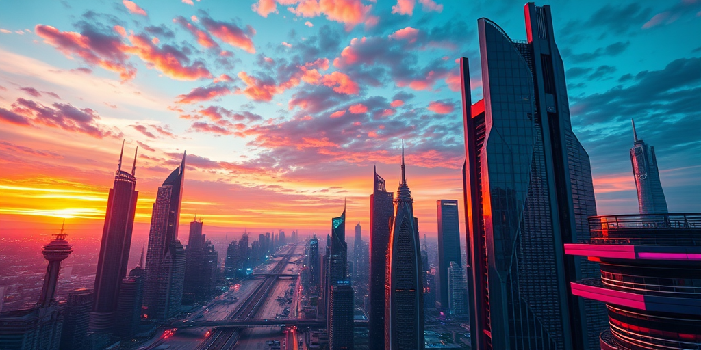 Generate a high-resolution image of a futuristic cityscape at sunset with vibrant colors and dynamic lighting, camera settings: aperture f/8, ISO 100, shutter speed 1/200s, camera view: wide-angle, camera style: vibrant and highly detailed, camera type: DSLR.