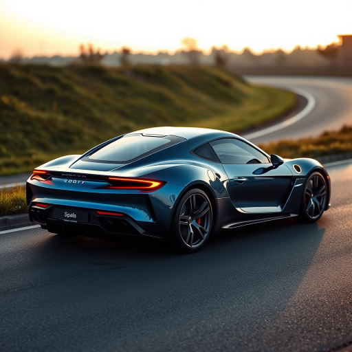 Generate an image of a luxury sports car parked on the side of a road during what appears to be dawn or dusk, given the soft light and shadows. The car should have a sleek design with aerodynamic features, a low-profile stance, and large, alloy wheels. It should display a contemporary color scheme, possibly a unique shade of blue that matches well with the ambient light in the setting. The vehicle's bodywork should gleam, reflecting the surrounding environment, and it should have distinctive lighting accents that enhance its sporty appearance. In the background, there should be a roadside with a grassy embankment on one side and possibly some trees or shrubbery along the edge of the pavement. The overall mood of the image should convey a sense of luxury, speed, and the tranquility of an early morning or late evening drive.