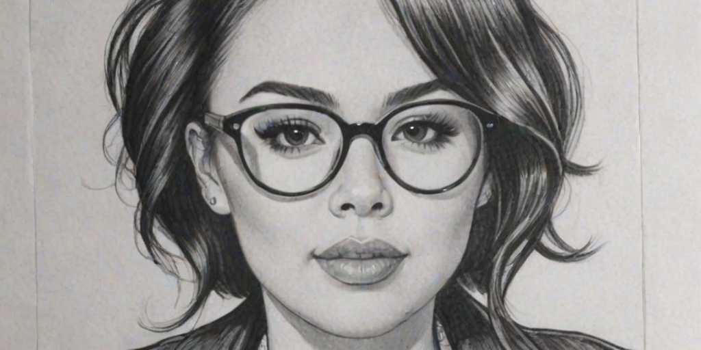 Wonderful Janel Parrish, pencil sketch, portrait of Dazzling woman 1926s in glasses, hair style beatnik, outline, clear lines, fine lines, 8k