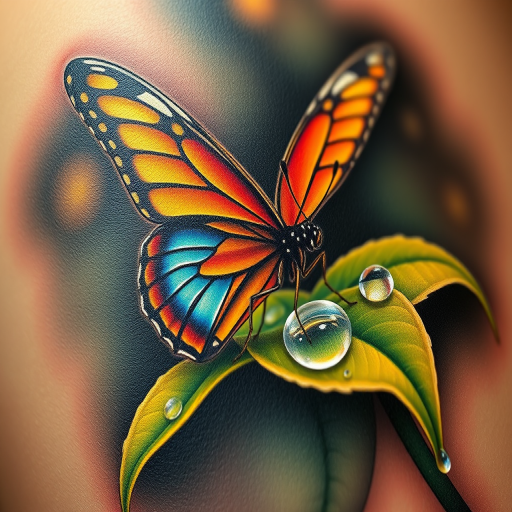 Realistic 3D tattoo "Living Canvas" portraying a hyper-realistic butterfly perched on a dewdrop-covered leaf, with lifelike textures and shading in vivid, true-to-life colors