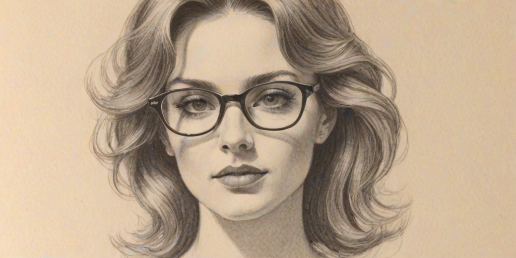 Enticing Molly McNearney, pencil sketch, portrait of Elegant woman 1976s in glasses, hair style beatnik, outline, clear lines, fine lines, 8k
