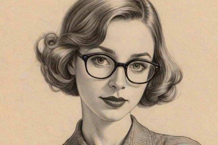 Attractive Molly Bernard, pencil sketch, portrait of Stunning woman 1935s in glasses, hair style beatnik, outline, clear lines, fine lines, 8k