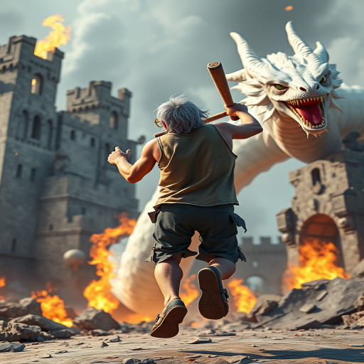 Cartoon 3D High-Resolution,dynamic battle scene using Unreal Engine 5 and Octane Render. The scene features back of an elderly, thai man with a beard,messy hair and round golden-rimmed glasses. He is wearing a tattered tank top with soot marks, shorts, and sandals. sweating. he wields a baseball bat. He jump to fight with a white fire-breathing Europe dragon amidst a partially destroyed stone castle. Include intense flames, smoke, and debris to enhance the dramatic effect.