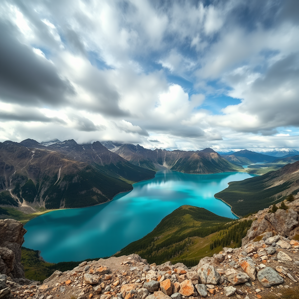 Capture a breathtaking landscape of a turquoise lake surrounded by rugged mountains under a dramatic cloudy sky with a wide-angle lens, aperture f/8, ISO 200, 1/125 sec shutter speed, using a DSLR camera at eye level.