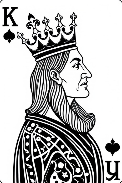Create a high-resolution profile illustration of a king playing card with intricate line details, shot with a 50mm lens at f/2.8 aperture, using a DSLR camera in a soft natural light setting, focusing on fine textures and contrast.