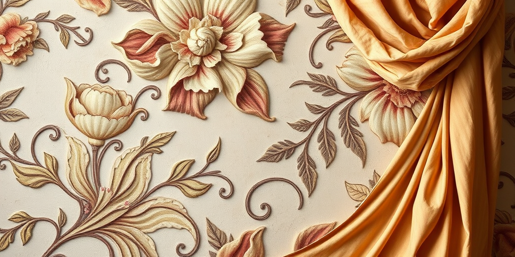 Create a detailed image of an intricate wall mural featuring textured floral designs and draped fabric, using a DSLR camera with a 50mm lens, f/1.8 aperture, ISO 100, in natural light, shot from a low angle to emphasize depth and detail.