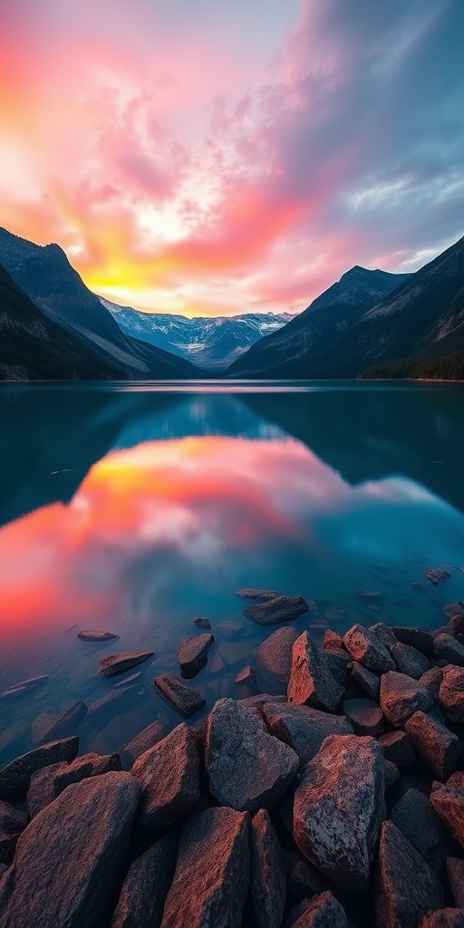 Create a high-quality landscape image of a serene lake surrounded by mountains during sunset, with vibrant colors reflecting on the water surface, captured with a Canon EOS R5, 24mm lens at f/8, ISO 100, using a long exposure setting for smooth water and a wide angle view for depth.
