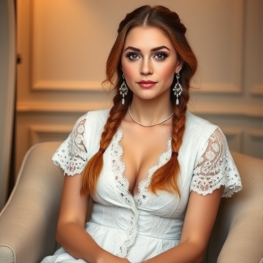 Create a portrait of a refined and elegant Ashkenazi woman seated in a sophisticated setting. She has long, wavy hair styled in two thick braids that are pulled over her shoulders. She wears a white, lace gown with intricate patterns, featuring a deep V-neckline and short sleeves. The dress exudes a vintage charm with its delicate lacework. She is adorned with ornate, dangling earrings that add a touch of glamour to her appearance. The background is softly lit, with warm, ambient lighting that creates a cozy and inviting atmosphere. Her expression is poised and serene, capturing a sense of grace and elegance.