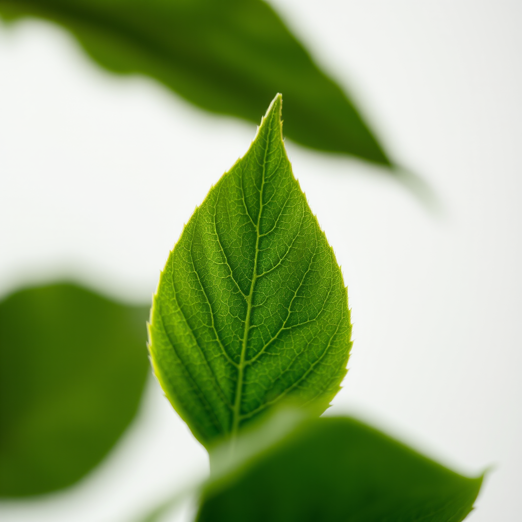 Capture a close-up of a green leaf with intricate textures and details, using a DSLR camera with a 50mm lens, aperture set to f/4 for shallow depth of field, ISO 100 for optimal light quality, and soft natural lighting to enhance the vibrancy of the leaf against a blurred neutral background.