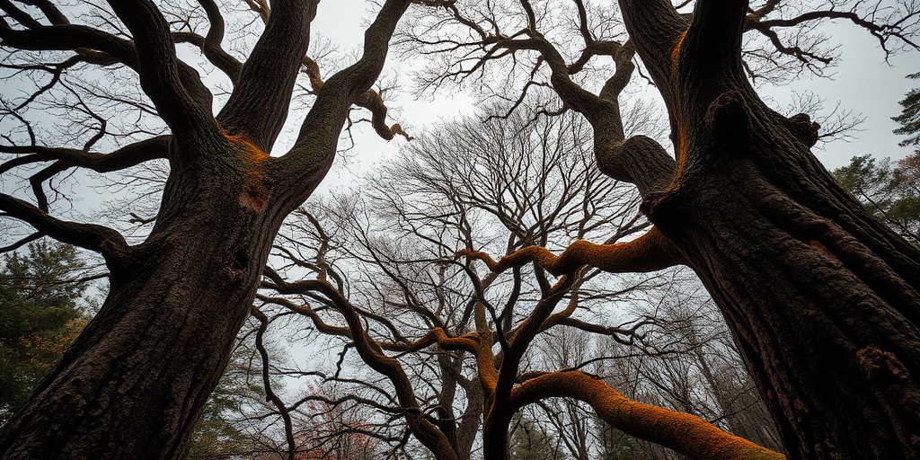 Capture a wide-angle view of trees with thick, gnarled trunks and vibrant, intricate branches against a moody sky, using a DSLR camera with a 50mm lens at f/8, ISO 200, and a slight vignette effect to enhance depth and focus on the textures.