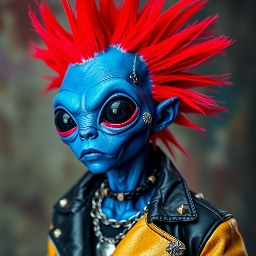 Create a highly detailed portrait of a punk-inspired alien character with blue skin, large black eyes, and bright red spiky hair, wearing a leather jacket adorned with chains and studs, captured with a Canon EOS R5 camera, 85mm lens, aperture f/1.4, ISO 100, shallow depth of field, soft studio lighting, and a blurred abstract background.