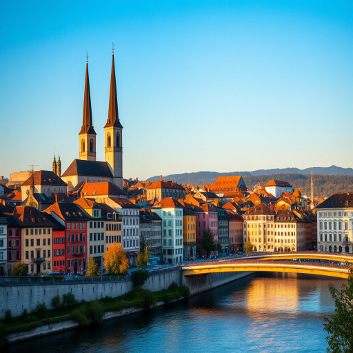 capture a vibrant cityscape of Zurich with the Limmat River in the foreground, featuring historic buildings, two prominent church towers, and a clear blue sky, use a Canon EOS R5 camera, 24mm lens, f/8 aperture, ISO 100, shutter speed 1/200 sec, golden hour lighting for enhanced color saturation and sharpness