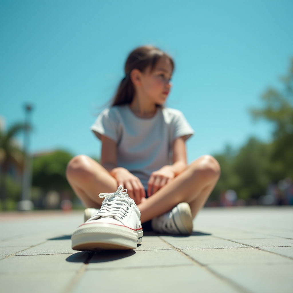 Generate an ultra-realistic, highly detailed, high-definition photograph. It's a photo of a girl sitting on the floor. She's looking at the horizon. The photo is taken from the bottom up, at ground level. The girl's sneakers are in the foreground, in the center of the scene. The girl is wearing light clothes, a t-shirt and short shorts. The sky is blue. Bright environment. The background is a blurred image of a park.
