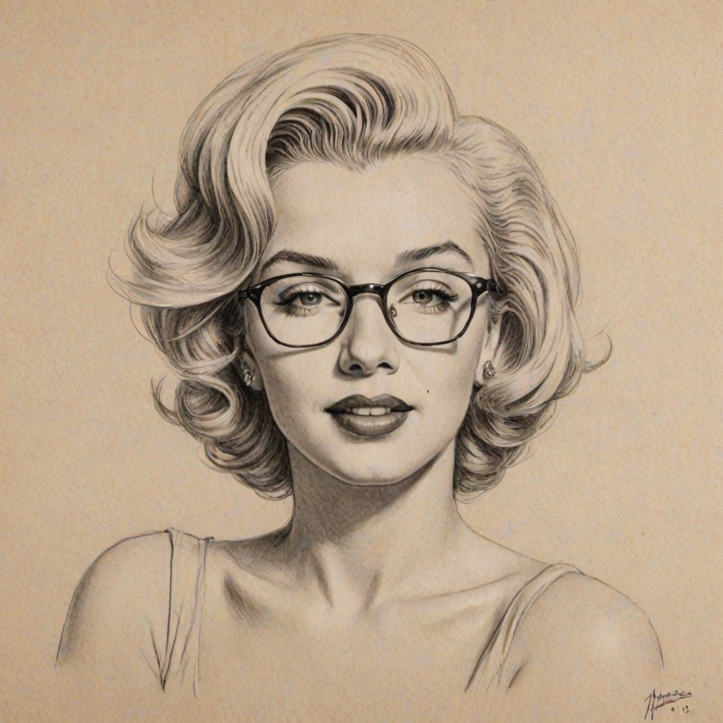 Sublime Marilyn Monroe, pencil sketch, portrait of Comely woman 1949s in glasses, hair style beatnik, outline, clear lines, fine lines, 8k