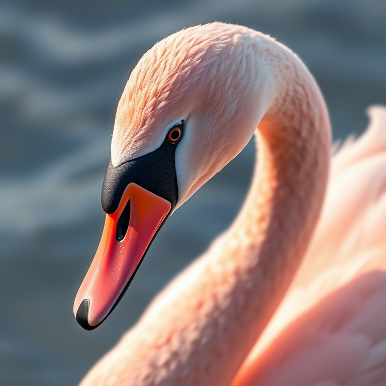 Create a high-resolution image of a pink swan with sparkling details, photographed with a DSLR camera, f/2.8 aperture, ISO 100, 50mm lens, and a soft-focus background.