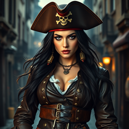 Create a portrait of a fierce female pirate. She wears a leather tricorn hat adorned with a skull and crossbones emblem, and her long, dark hair flows around her face. Her outfit consists of a richly detailed leather jacket, a corset, and multiple layers of belts and accessories, giving her a formidable and stylish appearance. She stands confidently in a dimly lit, historic port town, with a backdrop of weathered buildings and cobblestone streets, capturing the adventurous spirit of a pirate.