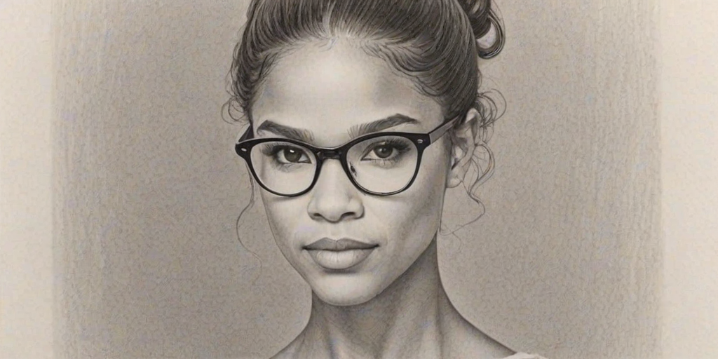 Exquisite Misty Copeland, pencil sketch, portrait of Comely woman 1958s in glasses, hair style beatnik, outline, clear lines, fine lines, 8k