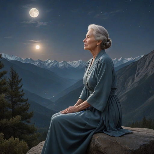 Create a serene night scene with a thoughtful older woman gazing at a full moon over mountains, dressed in elegant, flowing attire, capturing a sense of nostalgia and tranquility.