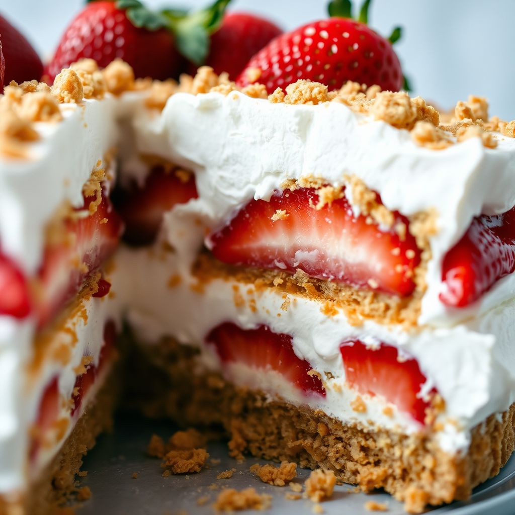 A close-up shot of a delicious layered dessert featuring whipped cream, strawberries, and a crumbly crust, with a slice cut out to reveal the layers inside, garnished with fresh strawberries and crumbs on top, with a soft focus background.