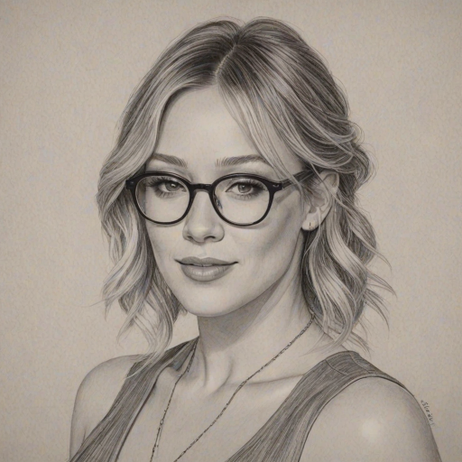 Resplendent Hilary Duff, pencil sketch, portrait of Ravishing woman 1922s in glasses, hair style beatnik, outline, clear lines, fine lines, 8k