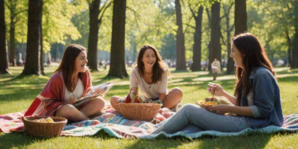 Blurry candid photo of friends enjoying a picnic in a sun-dappled park, soft sunlight filtering through the trees, with colorful blankets, baskets, and laughter filling the scene.