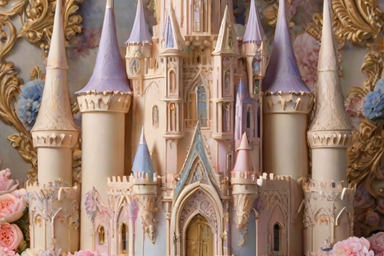 Generate an image of an elaborate multi-tiered cake designed to resemble a grand castle. The cake should feature intricate details, including ornate architectural elements, golden accents, and a variety of colorful flowers such as roses and peonies. The overall aesthetic should be whimsical and elegant, with a soft pastel color palette and a dreamy background.
