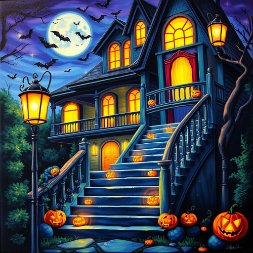 airbrushed oil painting, halloween theme, a haunted house, stairs, highly decorated, illuminated, lanterns, jack o'lantern, bats, webcobs
