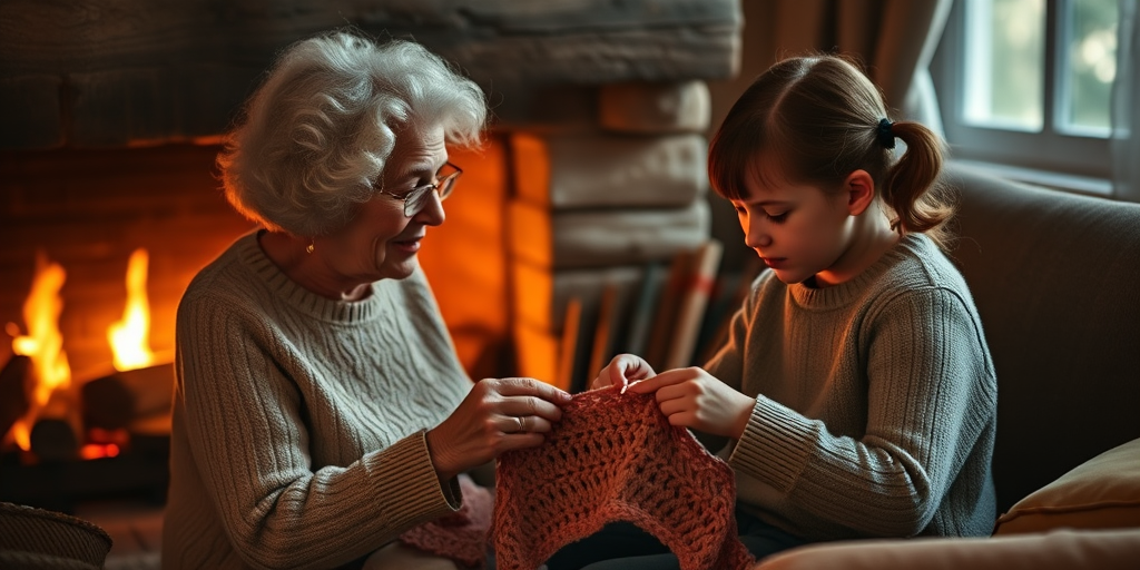 Warm, intimate image of a grandmother teaching her granddaughter how to crochet by a softly lit fireplace, soft glow from the flames casting warm shadows, with the smell of fresh pinewood in the air.