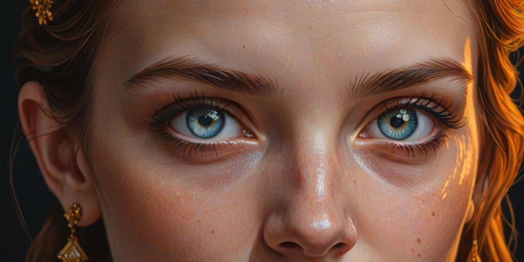 Awe-Inspiring and Vulgar, Glowing Amber Eyes, Fairy-Tale, side lit, in the style of realistic hyper-detailed portraits, dark white and orange, classicist portraiture, dark gold and aquamarine, realist detail, hard edge, technological marvels, aidmasoftglow