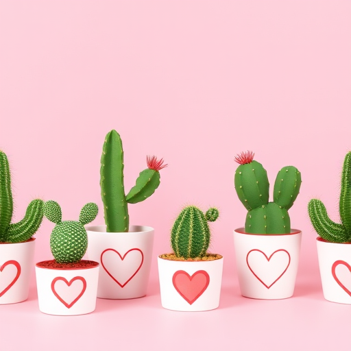 Create a high-resolution digital pattern featuring green cacti in decorative pots with heart designs against a soft pink background, using a Canon EOS R5 camera with a 50mm lens at f/8, 1/125s shutter speed, and ISO 100 for optimal clarity and vibrant color reproduction.