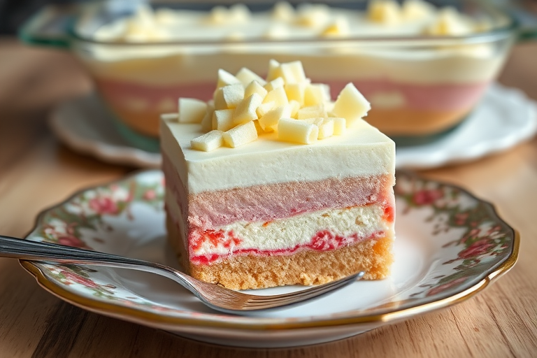 A delicious layered dessert featuring a square slice with pink and white creamy layers and topped with white chocolate curls served on a decorative plate with a fork beside it and a glass dish of the dessert in the background