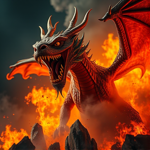 Create a dramatic image of a fierce dragon roaring amidst flames and swirling smoke, capturing a high level of detail with a Canon EOS R5, 24mm lens, f/2.8, ISO 100, 1/250 sec, shot from a low angle to emphasize its imposing presence, using a cinematic style for a richly textured and dynamic composition.