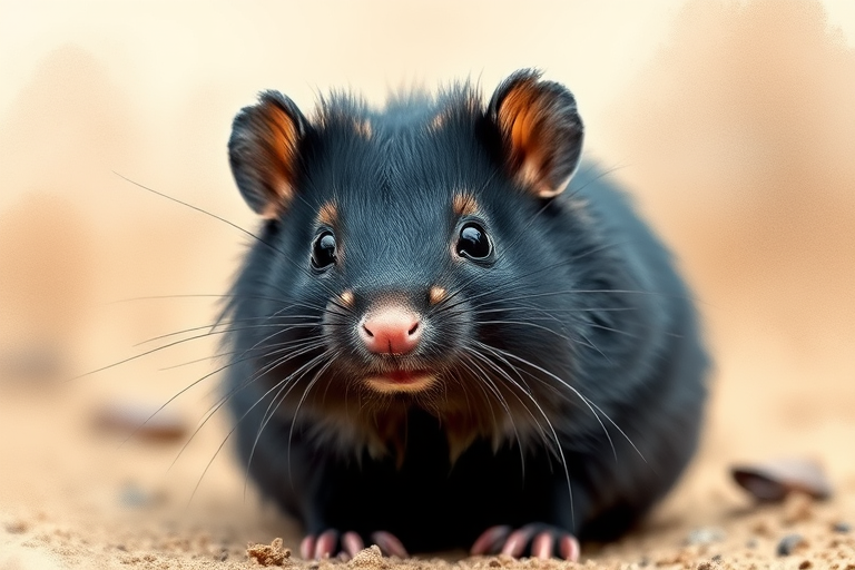 Create a high-quality watercolor painting of a cute black rodent with a round body and pink nose, set against a soft, blurred natural background with earthy tones, captured with a Canon EOS R5 at f/5.6, 1/125s, ISO 200, using a 50mm lens for a clear, detailed focus on the subject.