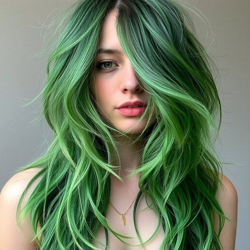 Enchanting image of a person with Forest Canopy hair, various shades of green in a long, layered cut with wispy strands mimicking leaves