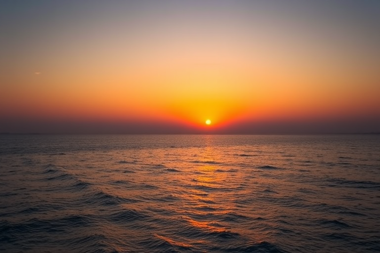 Create a high-quality image of a sunset over a calm ocean, using a Canon EOS R5 with an 85mm lens, aperture set to f/8, ISO 100, shot at golden hour for optimal lighting, and capturing a wide-angle view with vibrant colors.