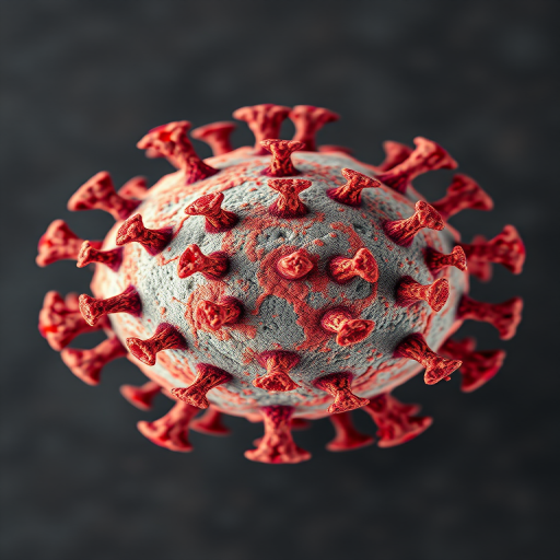 Create a hyper-realistic 3D render of a virus, showcasing intricate surface textures and details with vivid colors, photographed from a top-down view using a DSLR camera, 50mm lens, f/1.8 aperture, ISO 100, and a high dynamic range setting to enhance depth and clarity.