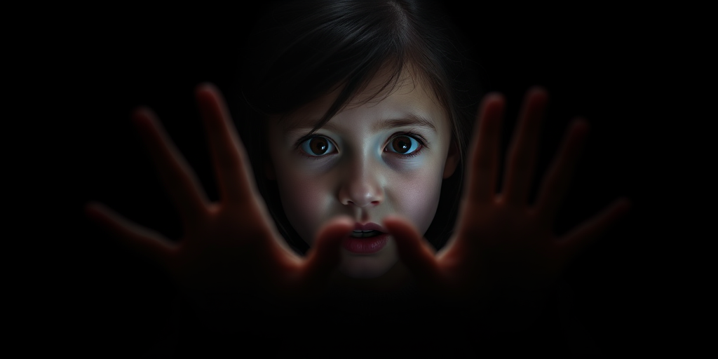 Generate an image of a young girl looking scared, hands reaching out from the darkness, set against a contrasting black background, captured with a Canon EOS R5, 50mm lens, aperture f/1.8, ISO 200, soft lighting to enhance shadows and depth, cinematic style.