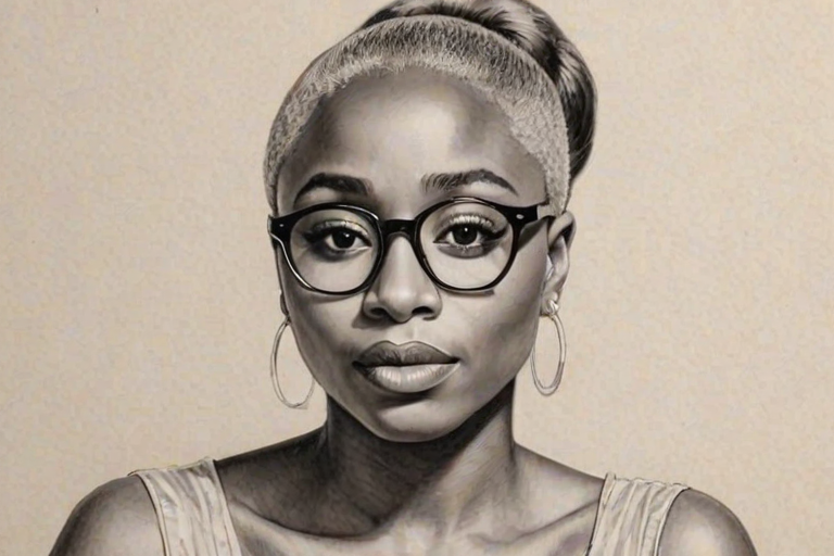 Fascinating Cynthia Erivo, pencil sketch, portrait of Pleasing woman 1980s in glasses, hair style beatnik, outline, clear lines, fine lines, 8k