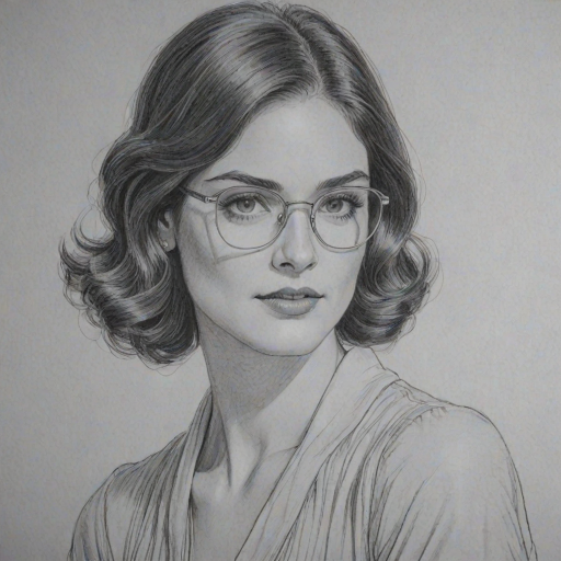 Radiant Janet Montgomery, pencil sketch, portrait of Magnificent woman 1928s in glasses, hair style beatnik, outline, clear lines, fine lines, 8k