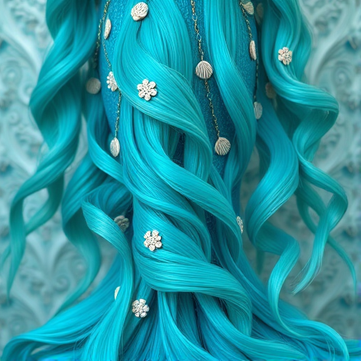 Vibrant teal mermaid waves cascade down to the waist, shimmering with iridescent highlights and adorned with delicate seashell accessories, creating an enchanting oceanic allure named Aquamarine Siren